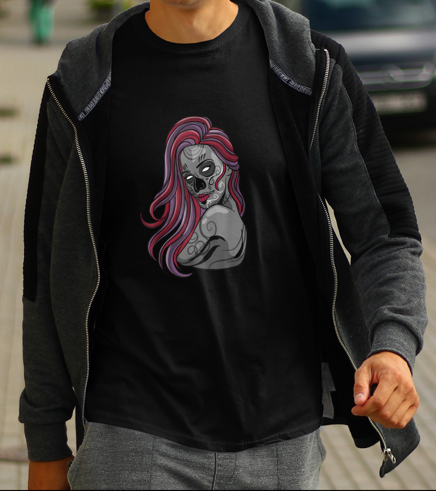Zombie Girl Cute Undead Living Dead With Pink Hair And Skull Face T-Shirt