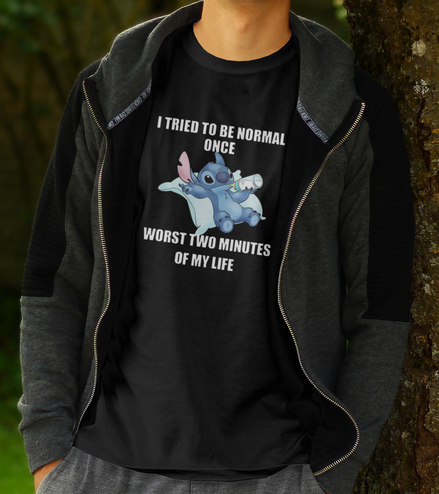 I Tried To Be Normal Once Worst Two Minutes Of My Life Stitch Character Holding Bottle T-Shirt