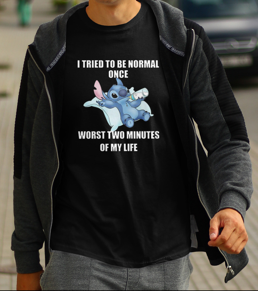 I Tried To Be Normal Once Worst Two Minutes Of My Life Stitch Character Holding Bottle T-Shirt