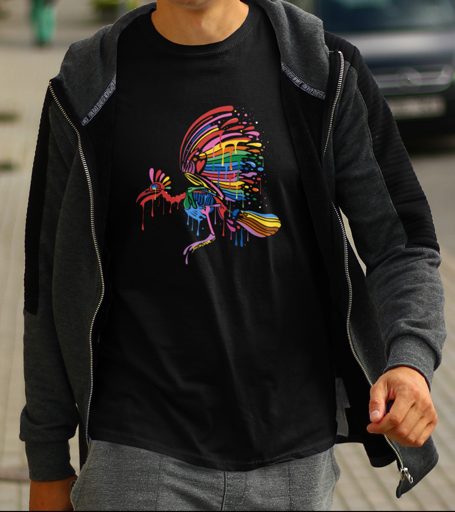 Rainbow Skeleton Bird With Vibrant Rainbow Wings Dripping Colors T-Shirt