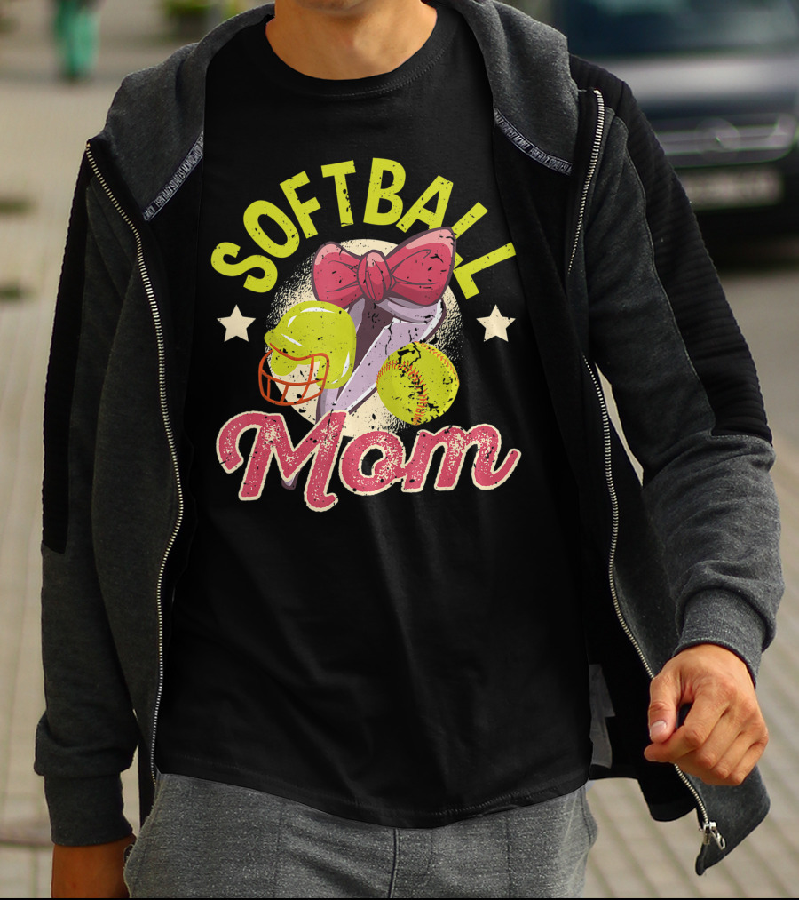 Softball Mom Mother's Day Softball Mama Bow Helmet Ball T-Shirt