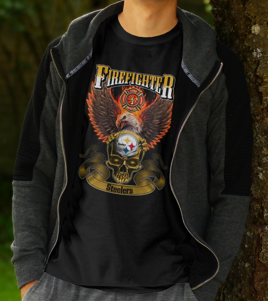 Firefighter Eagle Pittsburgh Steelers Fire Rescue Badge Skull T-Shirt