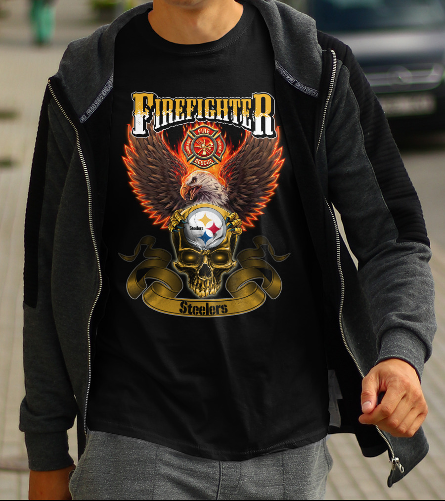 Firefighter Eagle Pittsburgh Steelers Fire Rescue Badge Skull T-Shirt