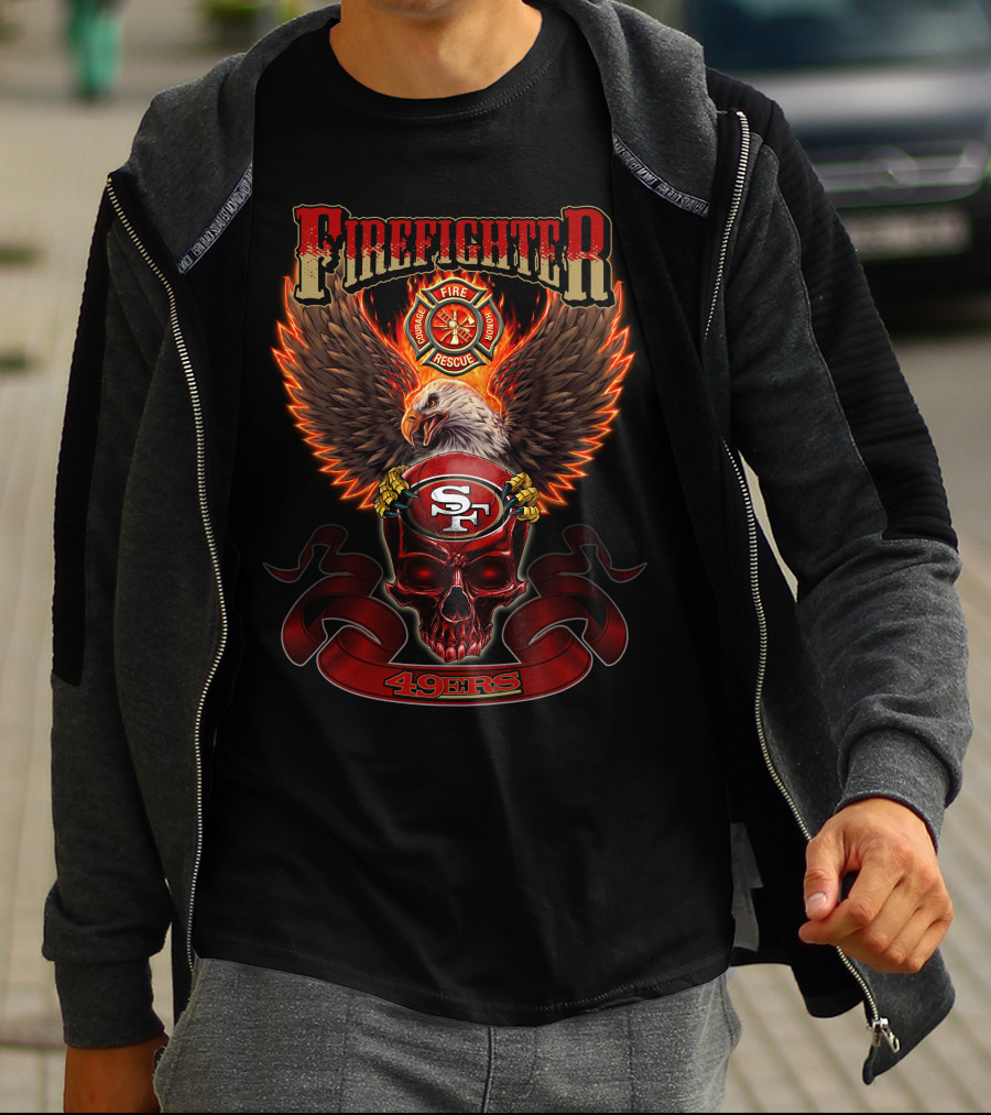 Firefighter Fire Rescue Eagle 49ers SF Skull T-Shirt