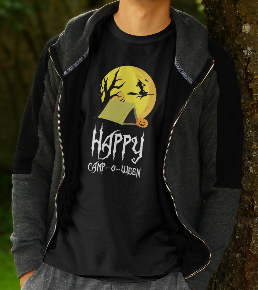 Happy Camp O Ween With Witch And Pumpkin Camping Under Full Moon T-Shirt