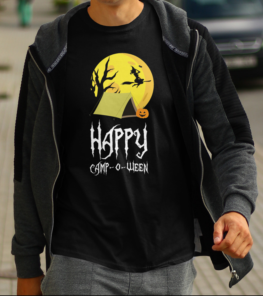 Happy Camp O Ween With Witch And Pumpkin Camping Under Full Moon T-Shirt