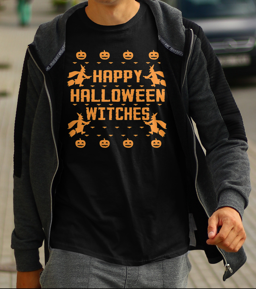 Happy Halloween Witches Flying Broomsticks Pumpkins Bats T-Shirt
