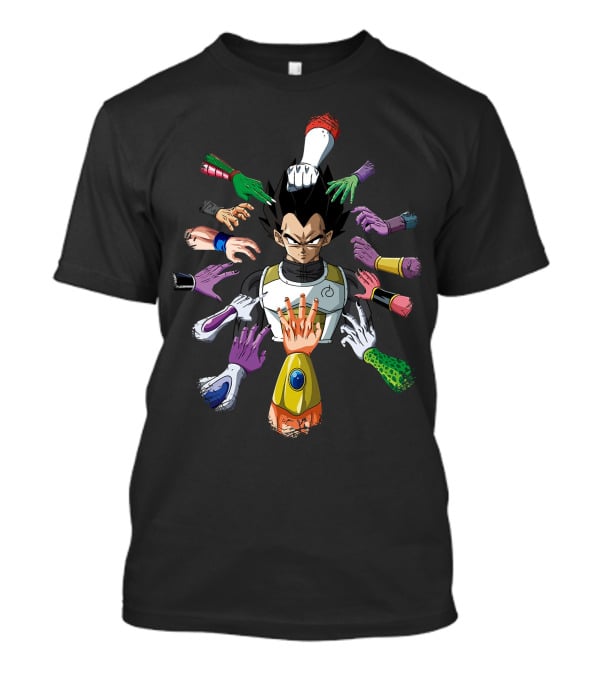 Vegeta Surrounded By Colorful Hands In John Wick T-Shirt