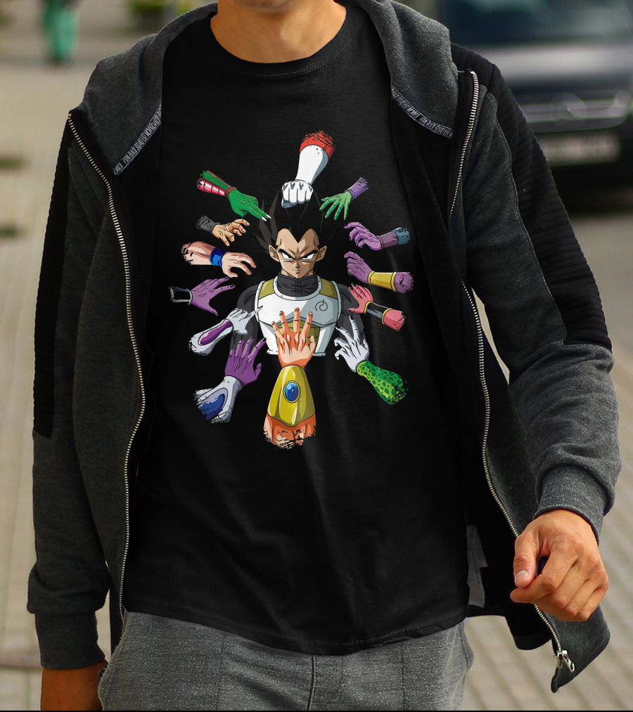 Vegeta Surrounded By Colorful Hands In John Wick T-Shirt