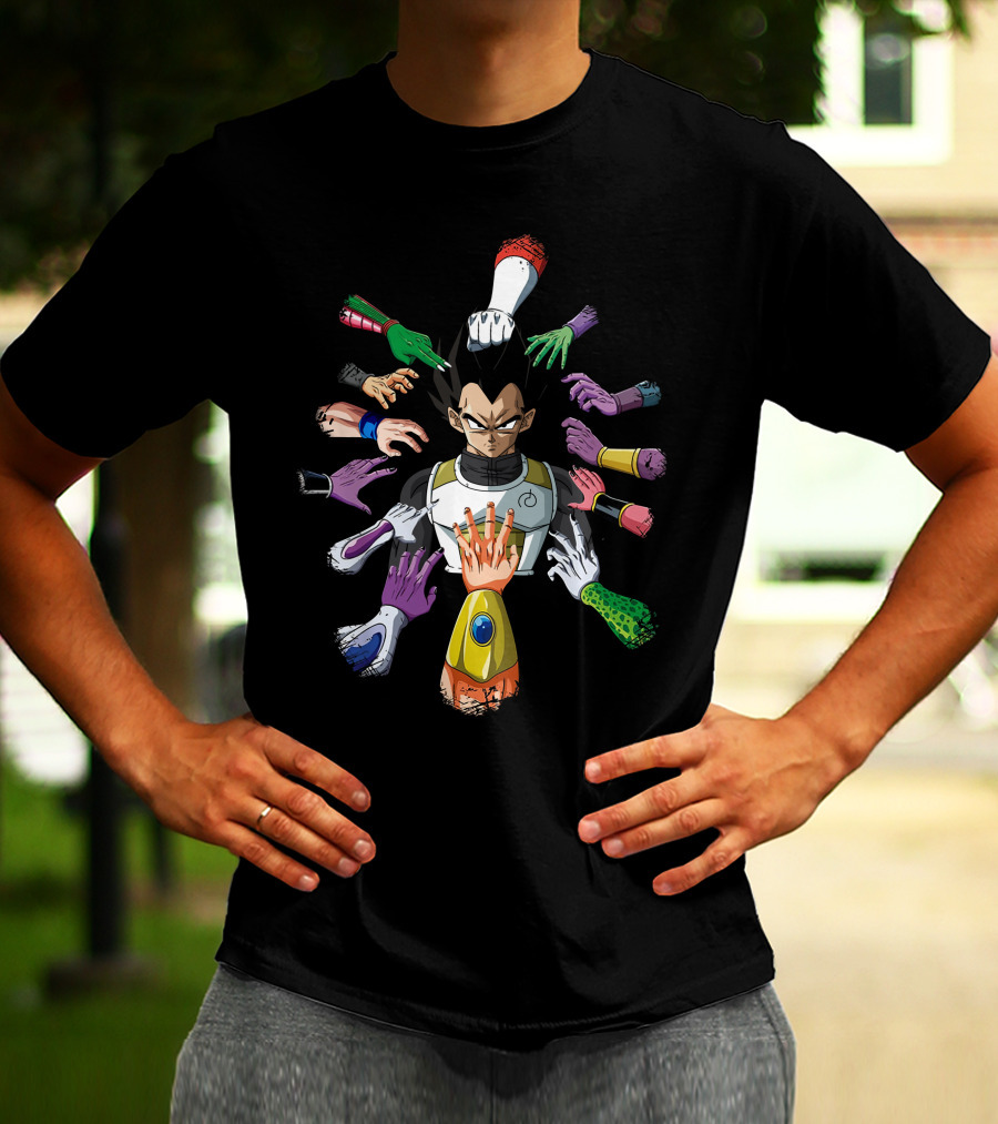 Vegeta Surrounded By Colorful Hands In John Wick T-Shirt