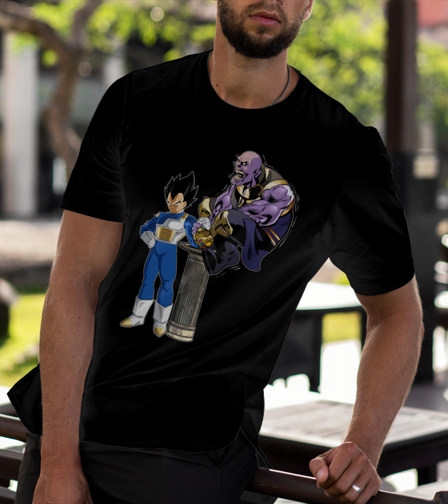 Vegeta And Thanos Arm Wrestling On Stone Pedestal T-Shirt