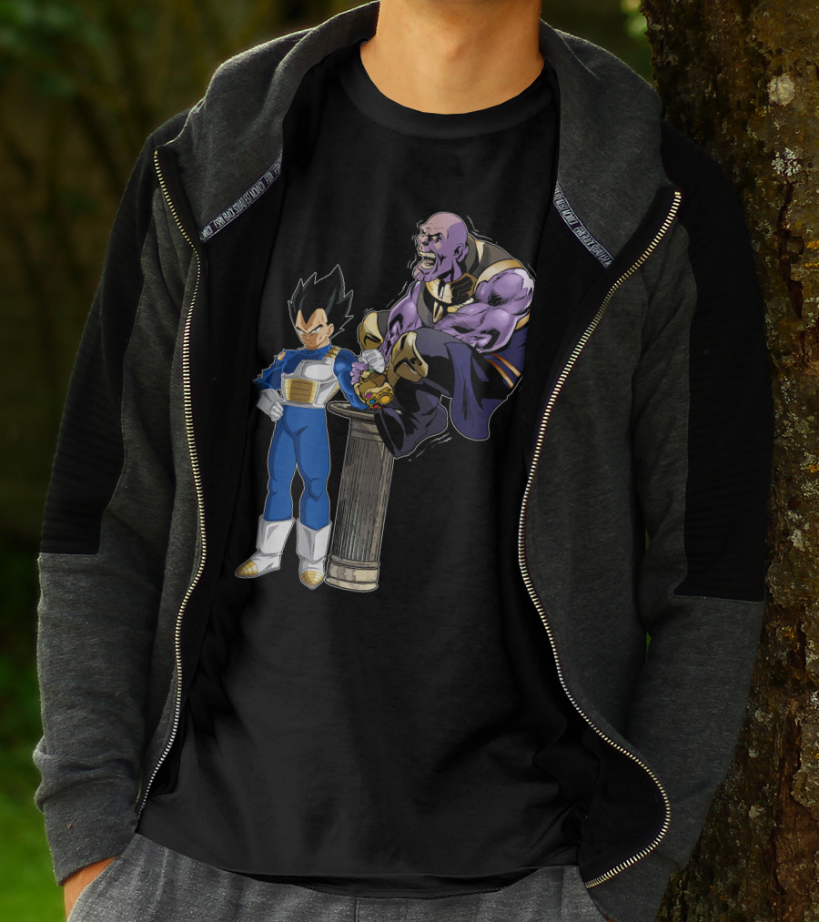 Vegeta And Thanos Arm Wrestling On Stone Pedestal T-Shirt