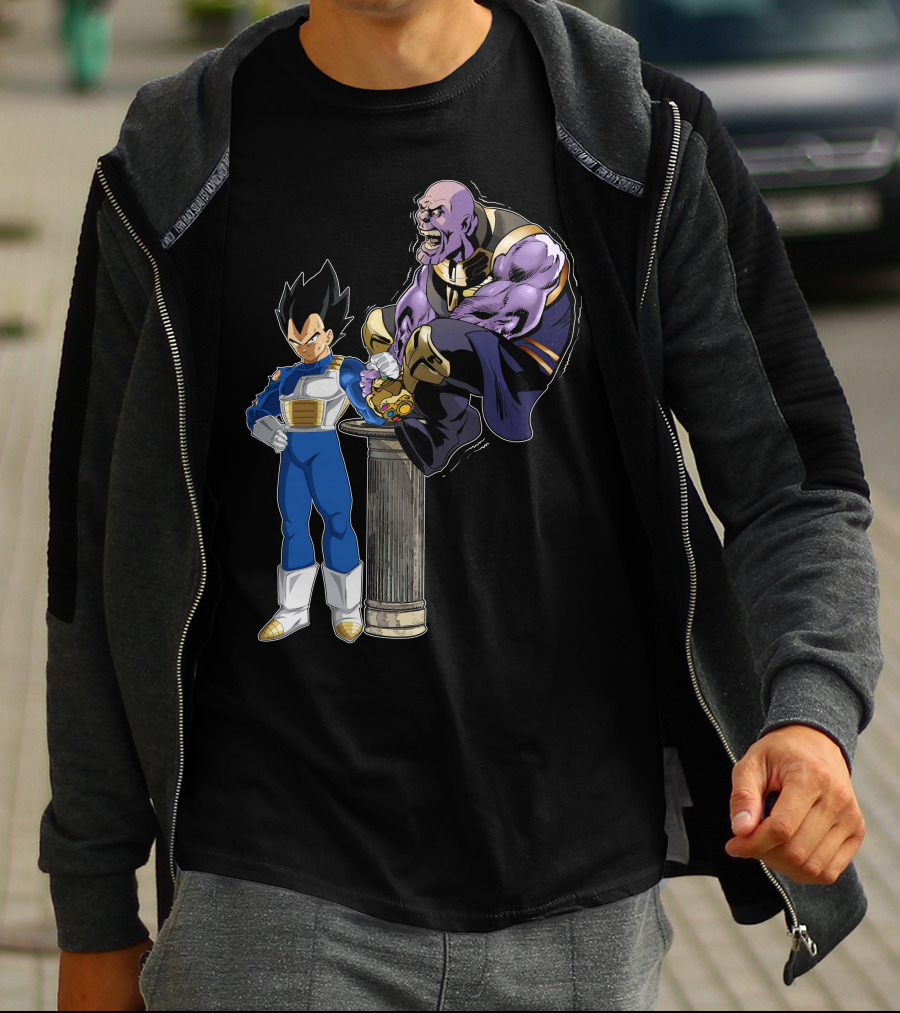 Vegeta And Thanos Arm Wrestling On Stone Pedestal T-Shirt