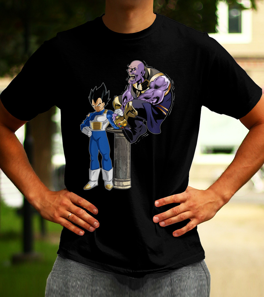 Vegeta And Thanos Arm Wrestling On Stone Pedestal T-Shirt