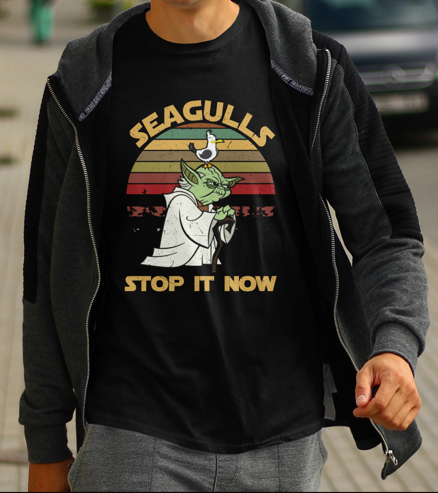 Seagulls STOP IT NOW Retro Yoda Parody With Seagull On Head T-Shirt
