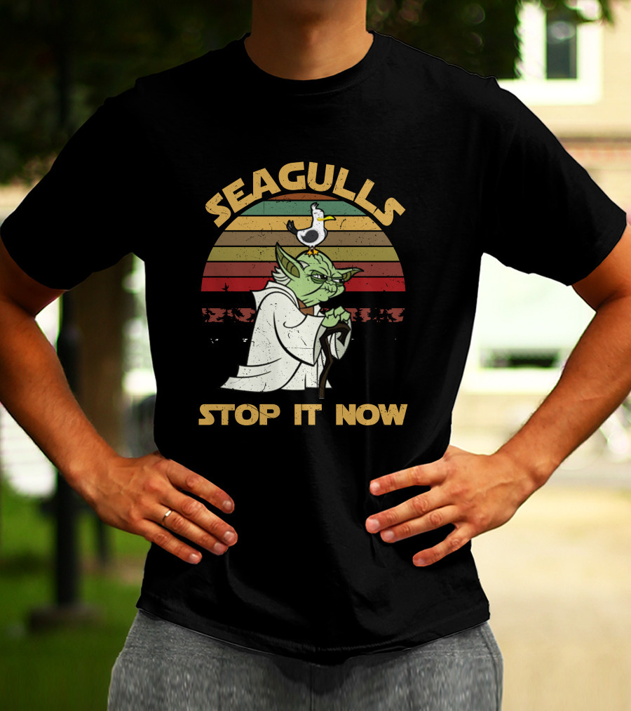 Seagulls STOP IT NOW Retro Yoda Parody With Seagull On Head T-Shirt