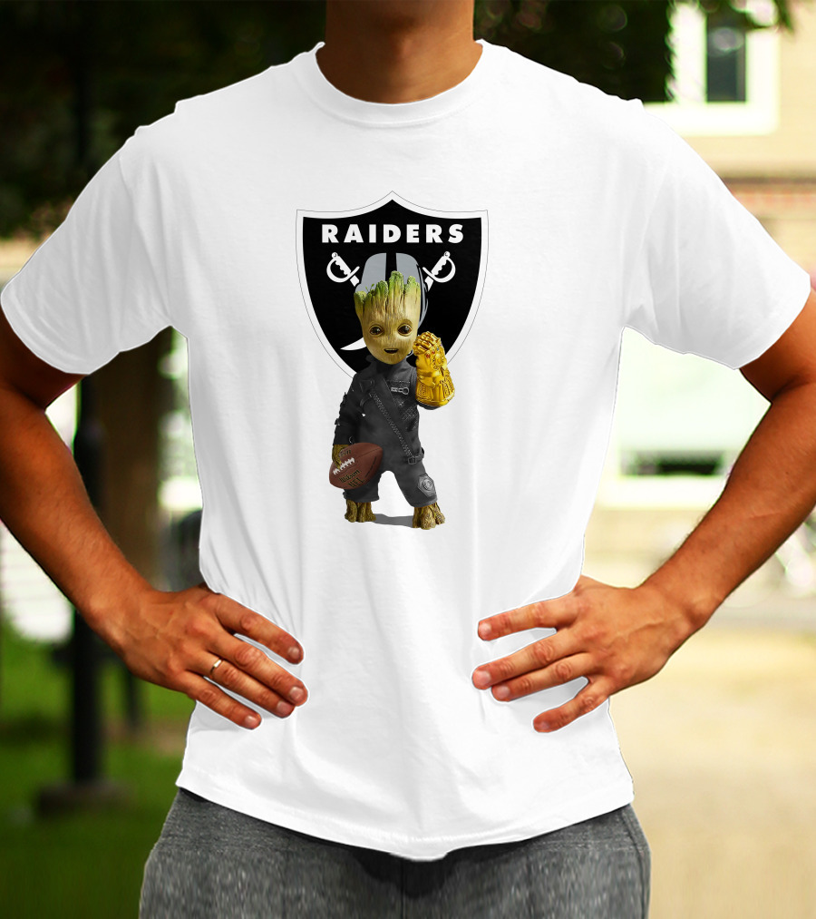 Las Vegas Raiders Groot Holding Football With Gauntlet In Front Of Raiders T-Shirt