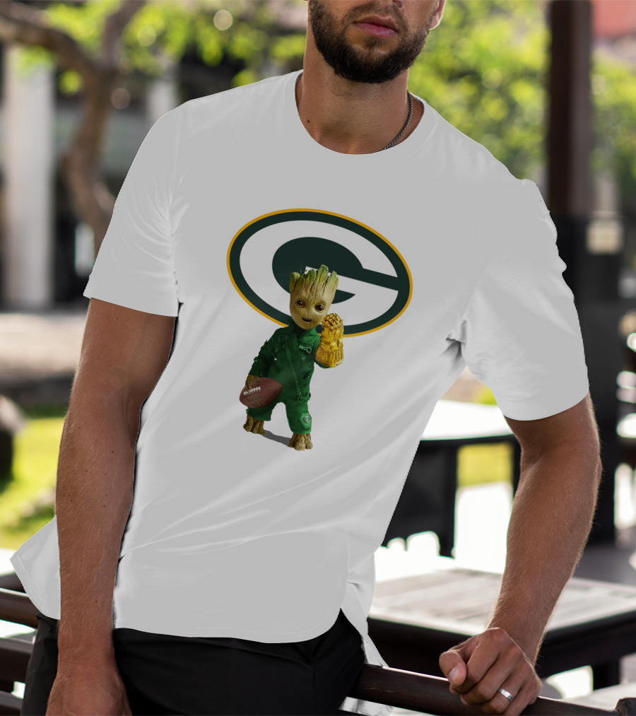Green Bay Packers Groot Football Holding Infinity Gauntlet T-Shirt