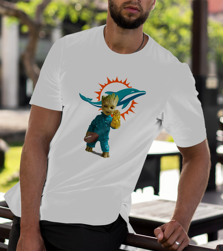 Miami Dolphins Groot Holding Football And Infinity Gauntlet T-Shirt