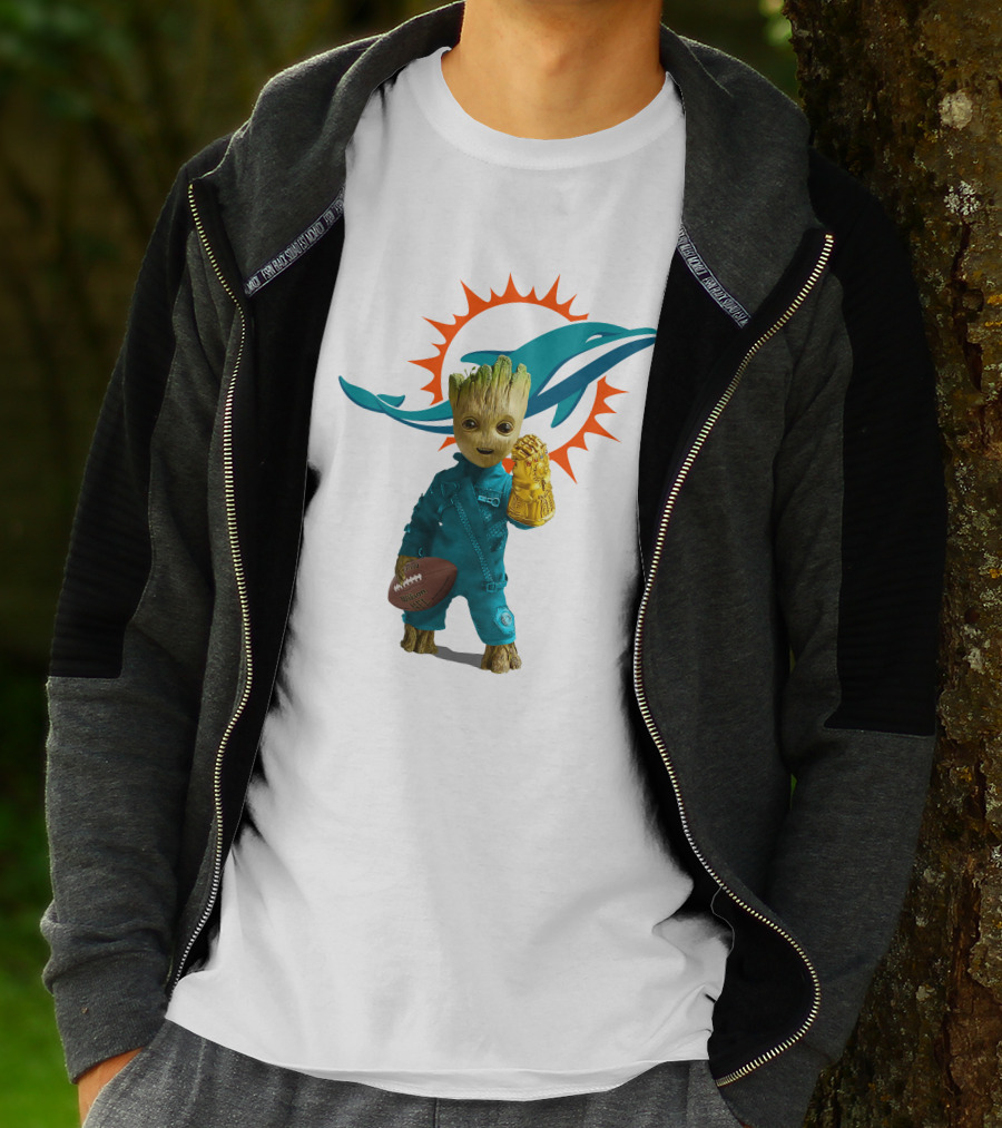 Miami Dolphins Groot Holding Football And Infinity Gauntlet T-Shirt