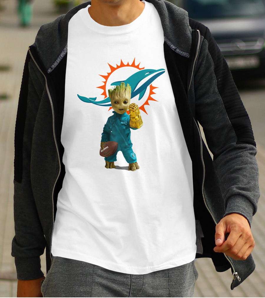 Miami Dolphins Groot Holding Football And Infinity Gauntlet T-Shirt