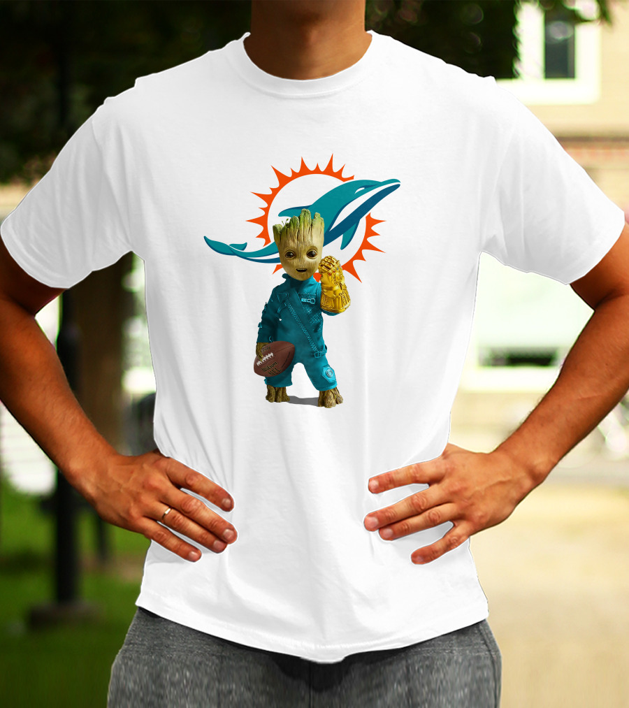 Miami Dolphins Groot Holding Football And Infinity Gauntlet T-Shirt