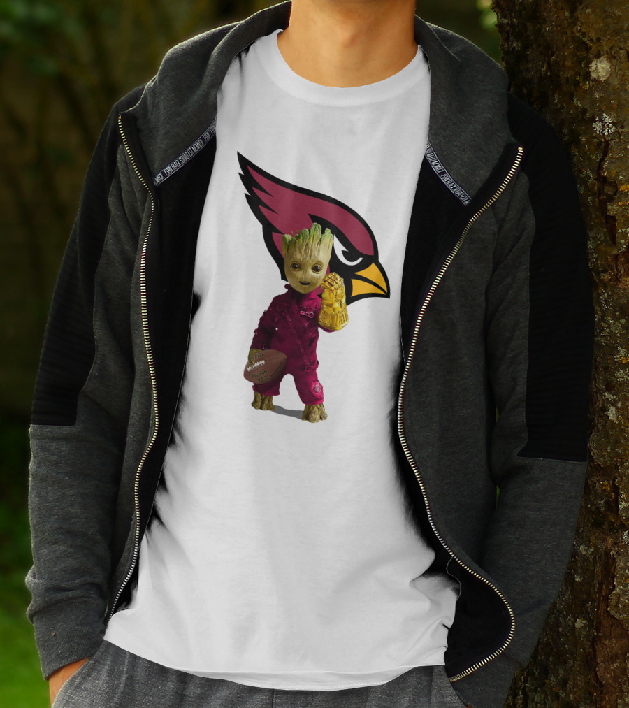 Arizona Cardinals Groot Holding Football And Infinity Gauntlet T-Shirt