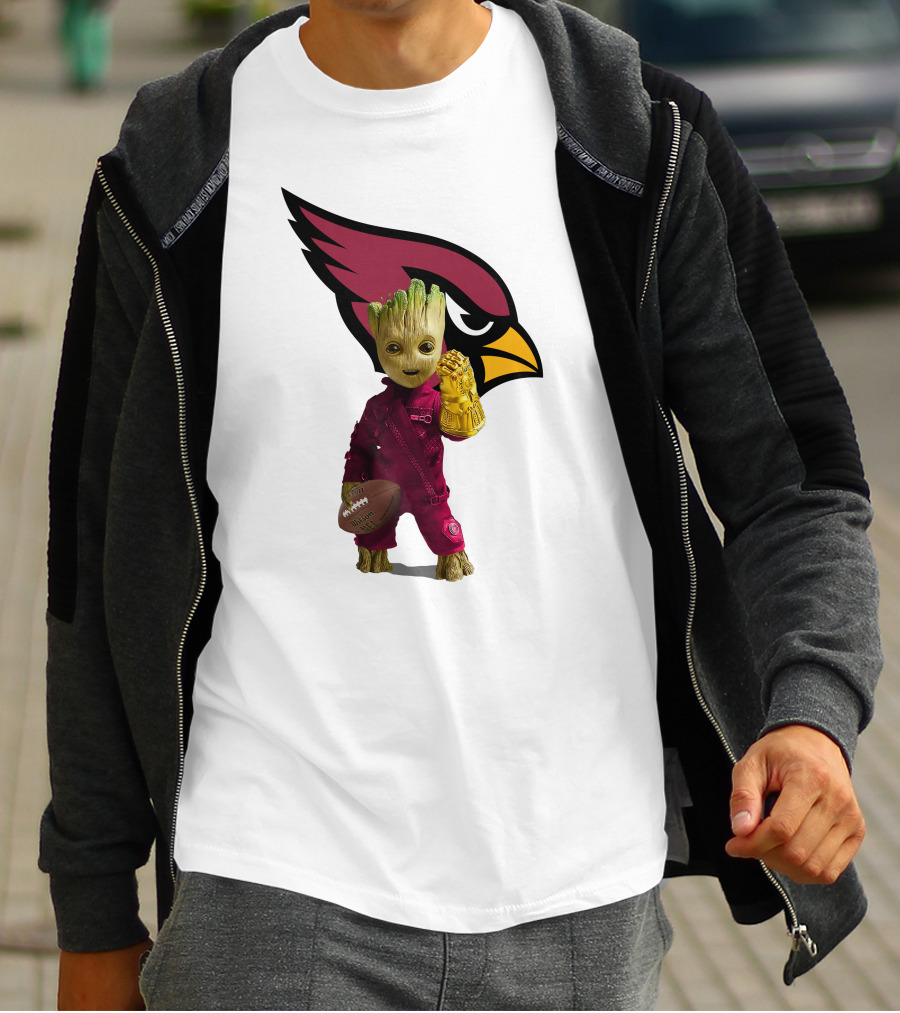 Arizona Cardinals Groot Holding Football And Infinity Gauntlet T-Shirt