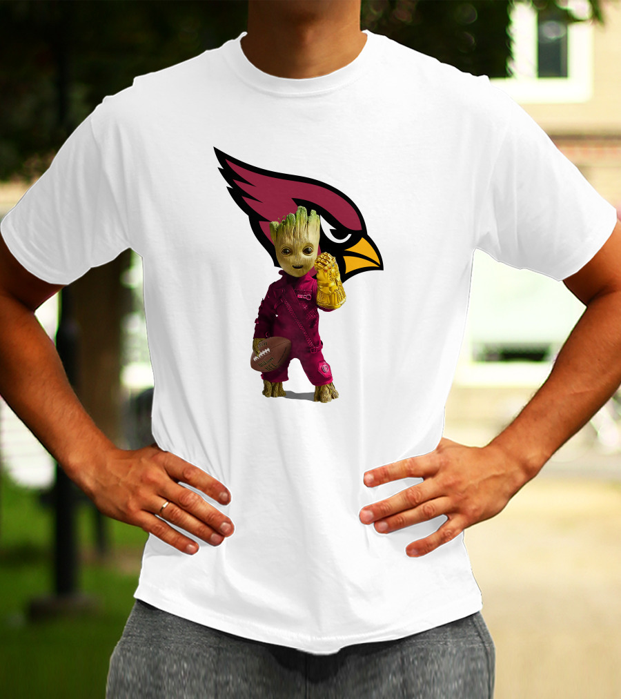 Arizona Cardinals Groot Holding Football And Infinity Gauntlet T-Shirt