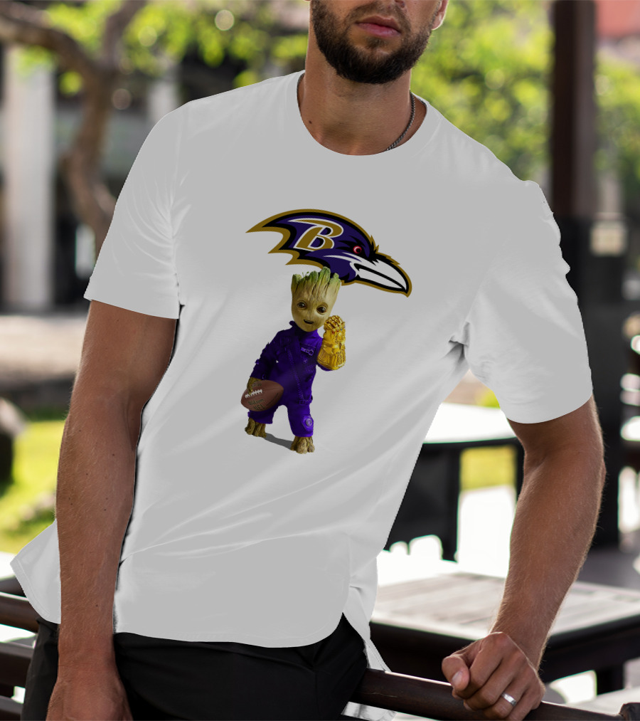 Baltimore Ravens Groot Holding Football And Infinity Gauntlet T-Shirt