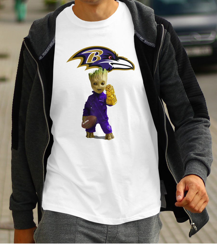 Baltimore Ravens Groot Holding Football And Infinity Gauntlet T-Shirt