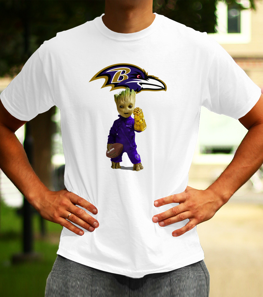 Baltimore Ravens Groot Holding Football And Infinity Gauntlet T-Shirt