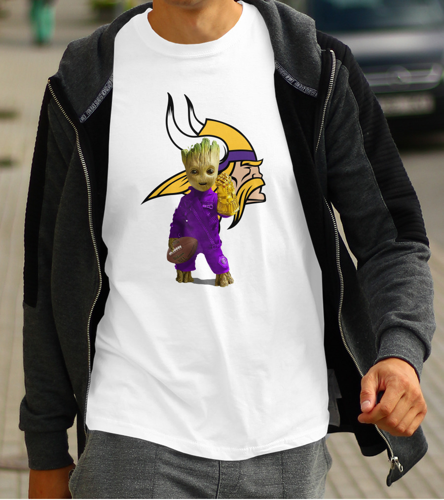 Minnesota Vikings Groot Holding Football And Infinity Gauntlet T-Shirt