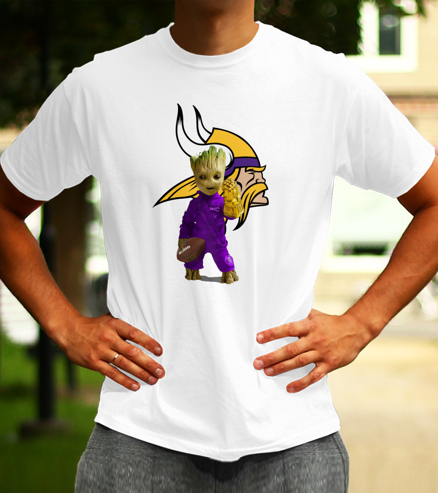 Minnesota Vikings Groot Holding Football And Infinity Gauntlet T-Shirt