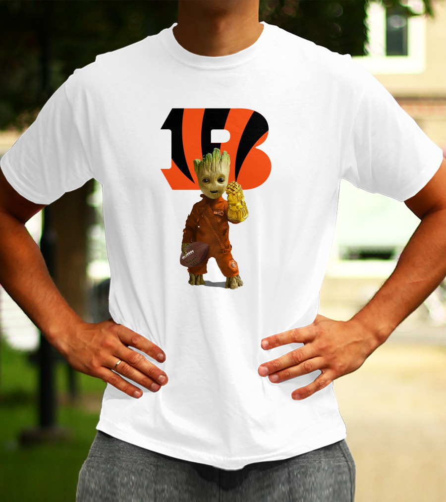Cincinnati Bengals Groot Holding Football With Infinity Gauntlet T-Shirt