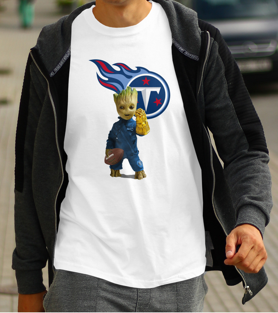 Groot Holding Football Tennessee Titans Logo Infinity Gauntlet T-Shirt