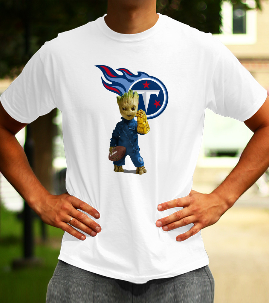 Groot Holding Football Tennessee Titans Logo Infinity Gauntlet T-Shirt