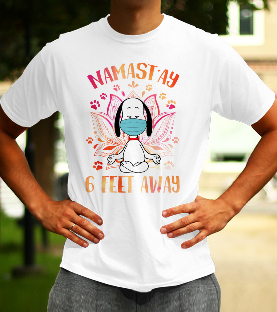 Namastay 6 Feet Away Masked Meditating Dog With Mandala And Paw Prints T-Shirt
