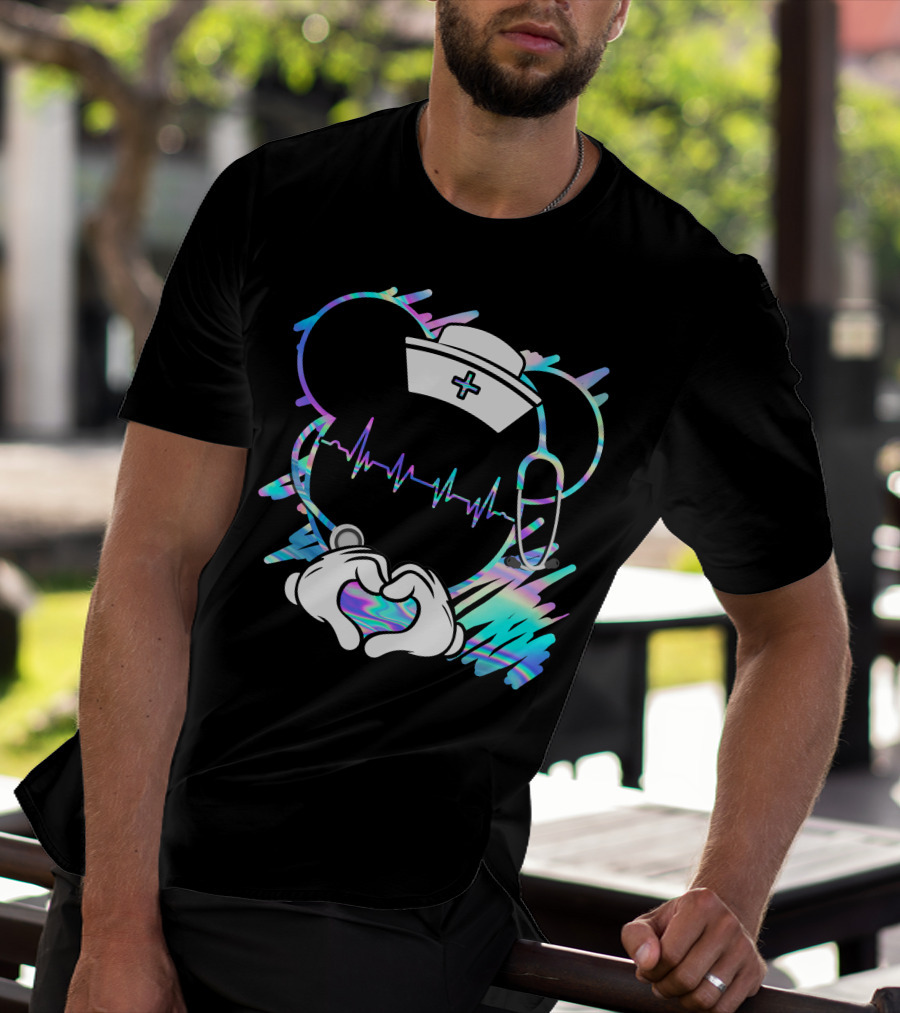 Nurse Disney Mickey Nurse Heartbeat Holographic T-Shirt