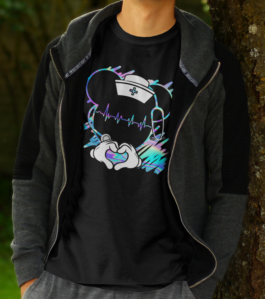 Nurse Disney Mickey Nurse Heartbeat Holographic T-Shirt
