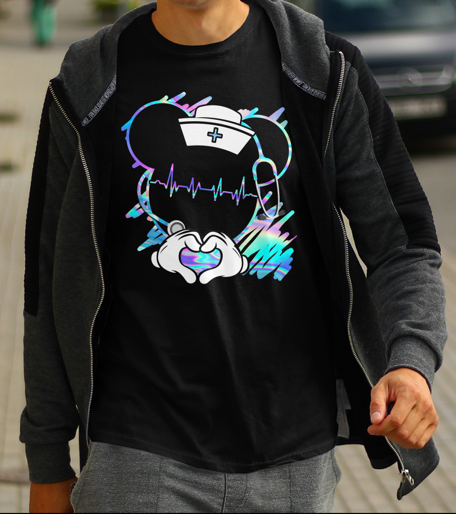 Nurse Disney Mickey Nurse Heartbeat Holographic T-Shirt