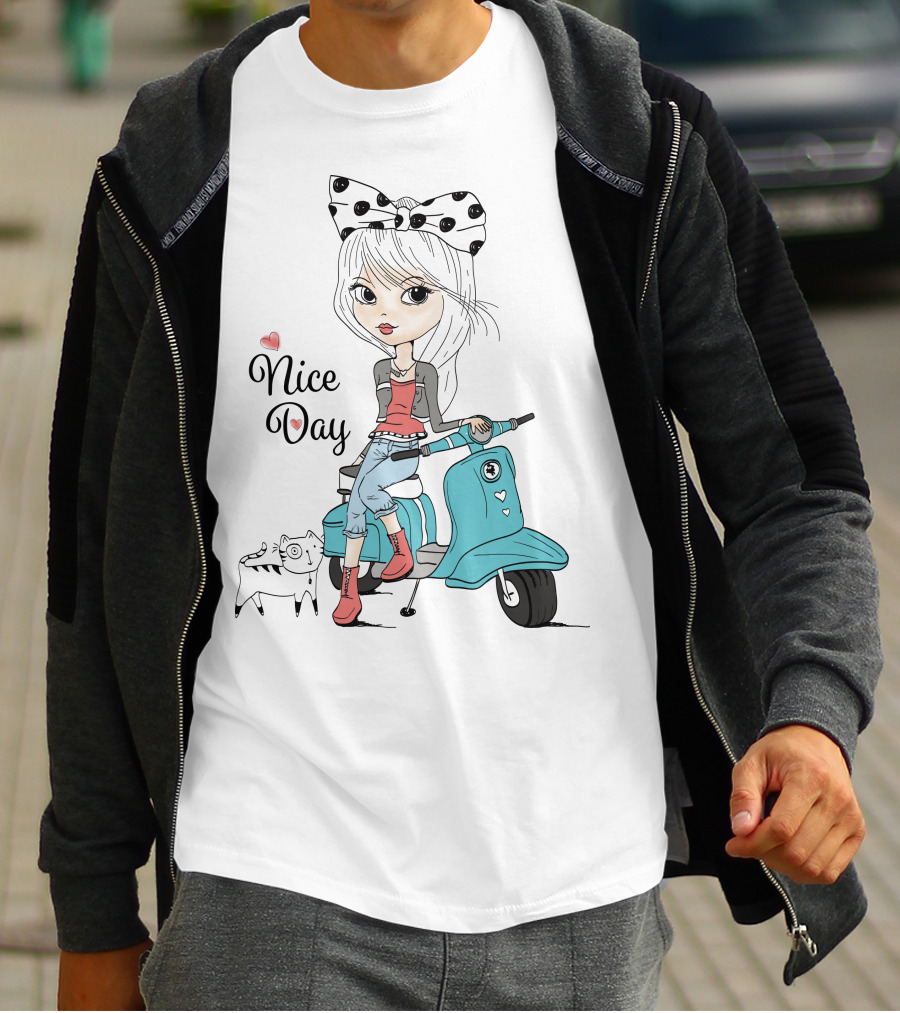 Nice Day Scooter Girl With Polka Dot Bow And Cute Cat T-Shirt