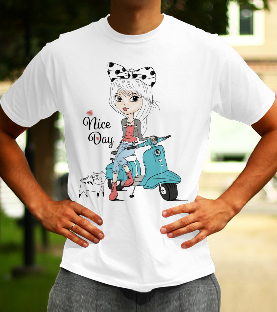 Nice Day Scooter Girl With Polka Dot Bow And Cute Cat T-Shirt