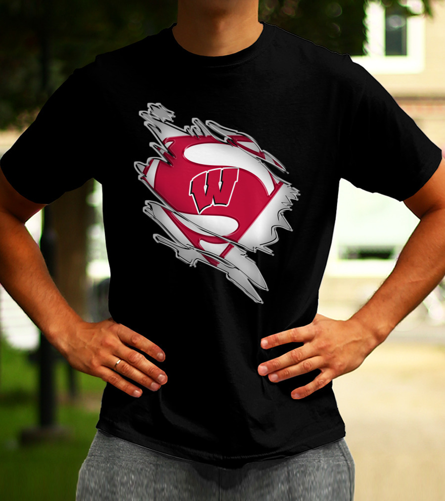 Wisconsin Badgers Super Man Emblem With W Inside Torn Fabric Effect T-Shirt