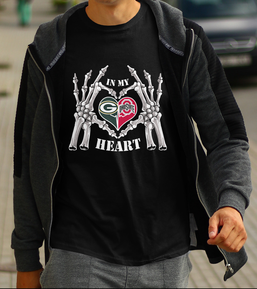 In My Heart Green Bay Packers Ohio State Buckeyes Bone Hands Heart T-Shirt