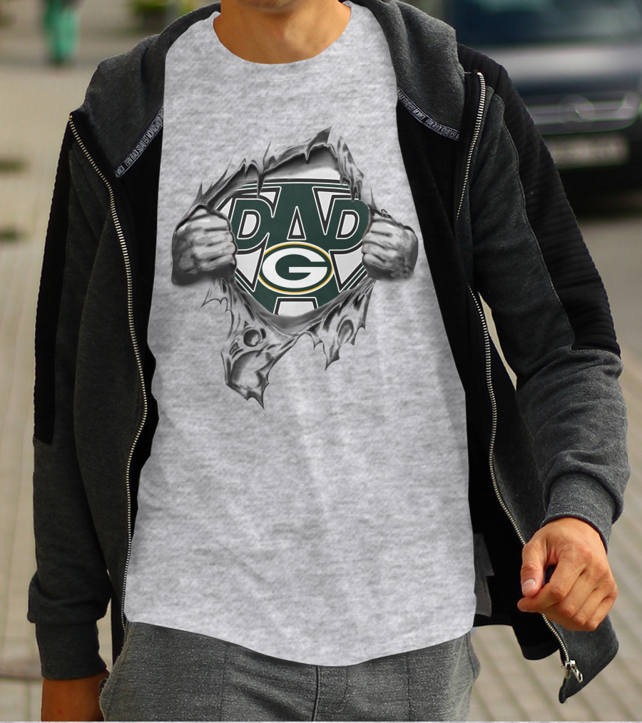 Green Bay Packers Super Dad Logo Hidden Under Ripped T-Shirt