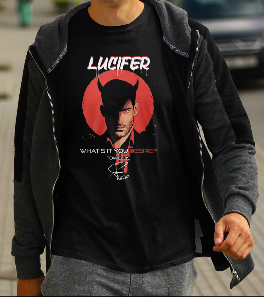 Lucifer What's It You Desire Tom Ellis Red Circle Devil Horns T-Shirt