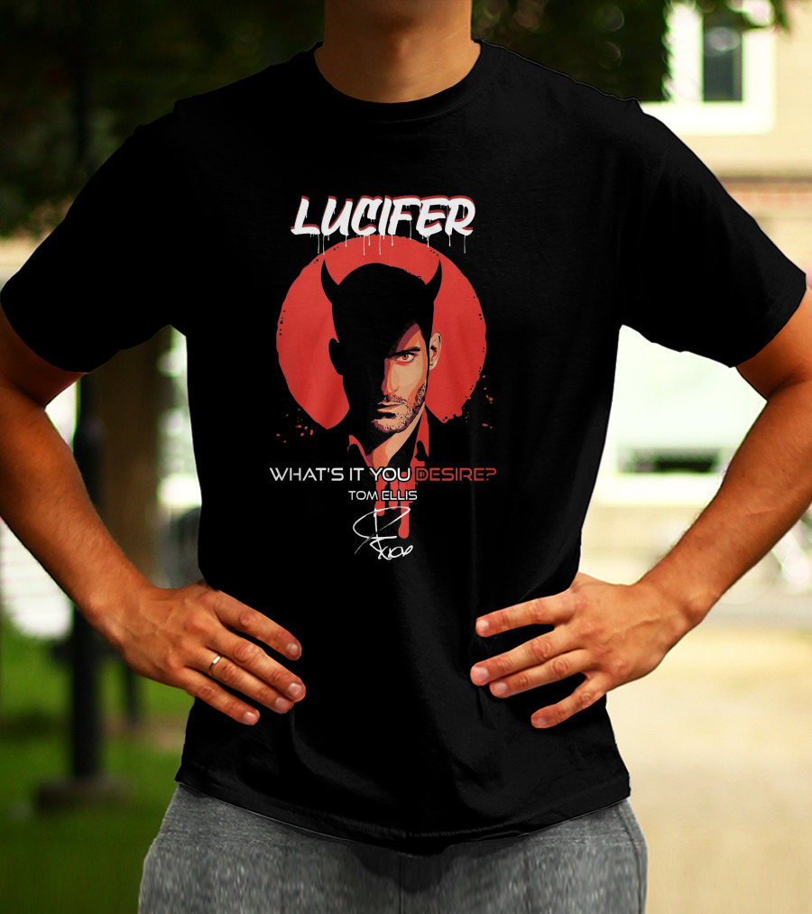 Lucifer What's It You Desire Tom Ellis Red Circle Devil Horns T-Shirt