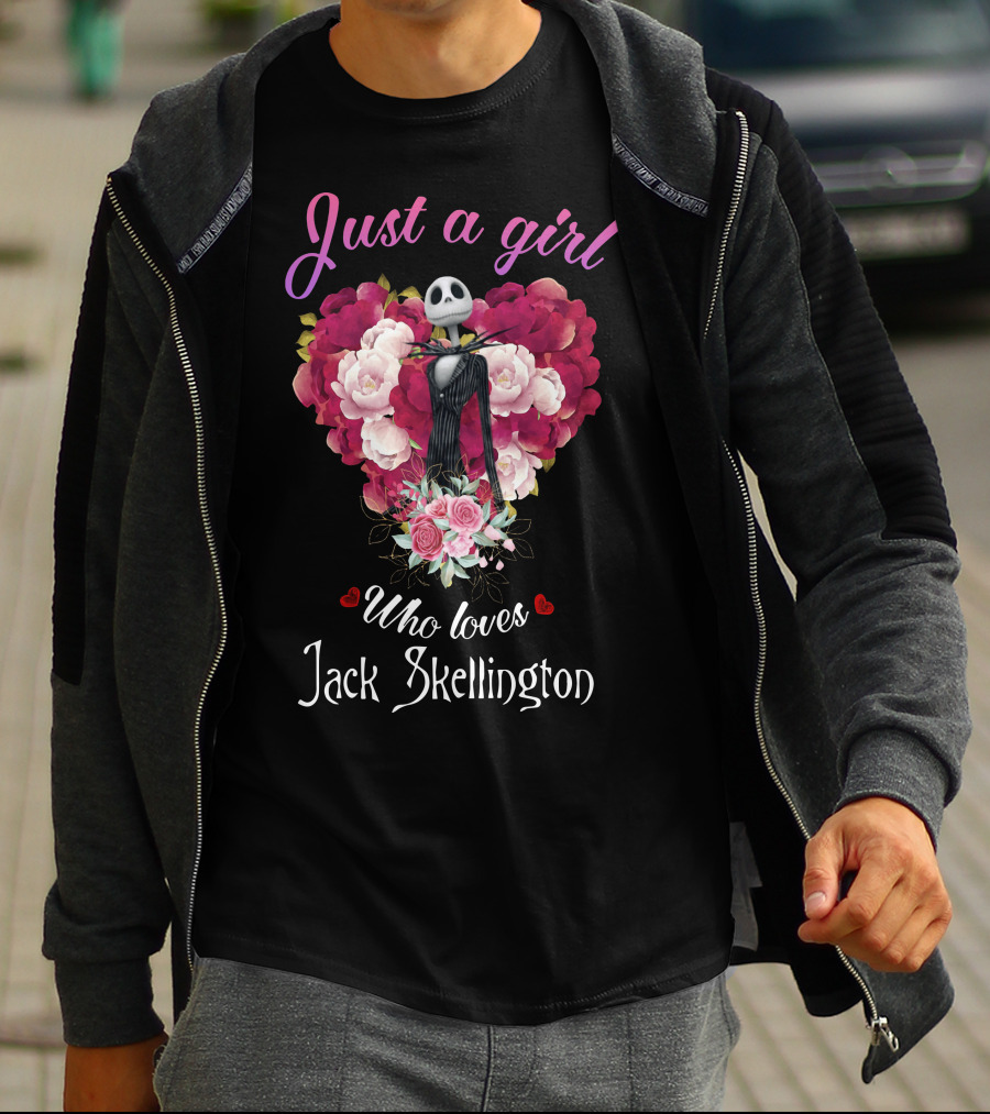 Just A Girl Who Loves Jack Skellington With Heart And Flowers T-Shirt