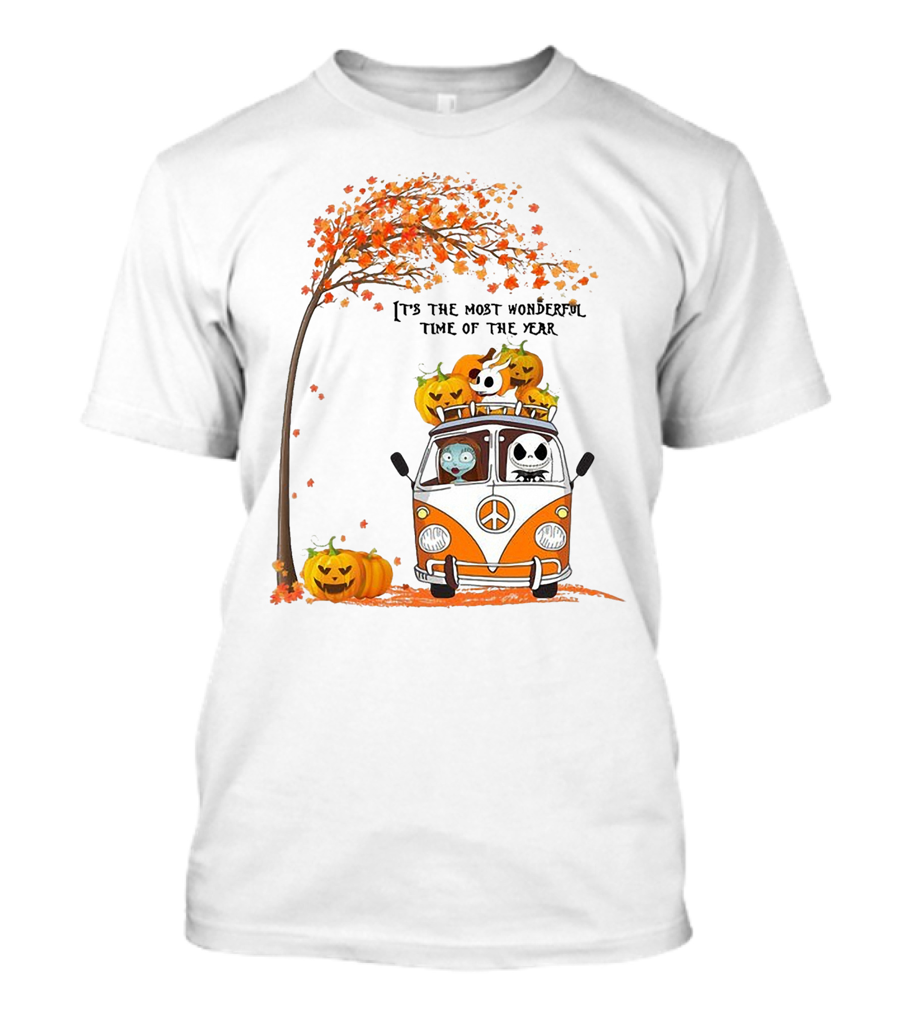 Jack Skellington Pumpkin It's The Most Wonderful Time Of The Year Autumn Van With Pumpkins And Tree T-Shirt